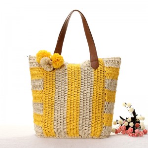 Women Summer Straw Beach Bag with pom-pom