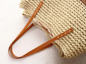 Summer Straw Tote Bag with Polyester Lining Handmade Crocheted