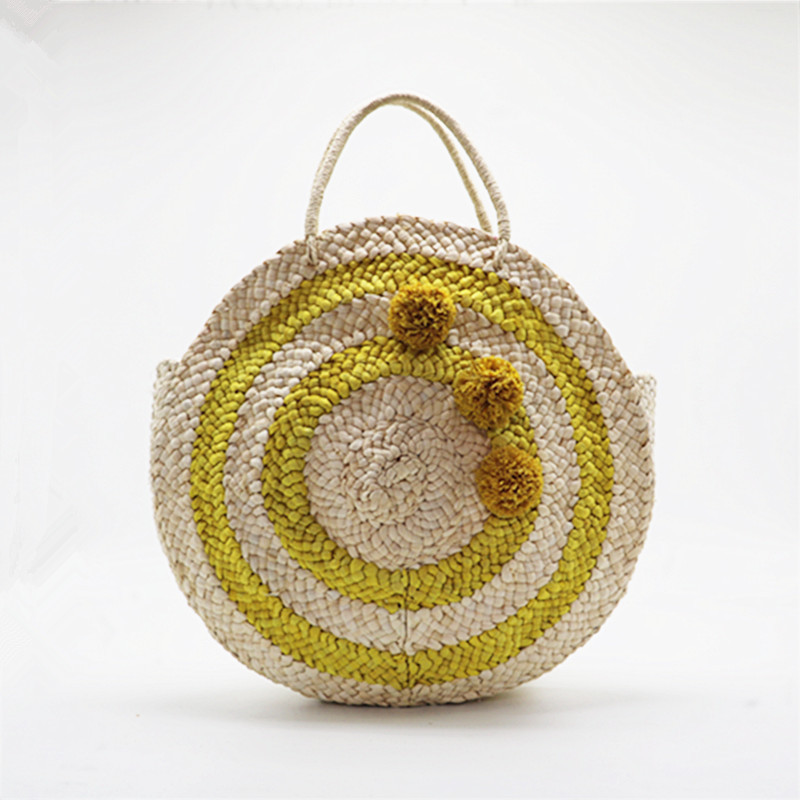 Short Lead Time for Portable Diaper Changing Mat -
 Color Blocking round straw woven bag beach bag women handbag raffia grass pompom corn husk bag  – V-FOX