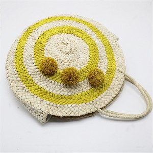 Color Blocking round straw woven bag beach bag women handbag raffia grass pompom corn husk bag