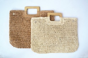 Fashion beach tote bag simple straw woman handbag with wood handle