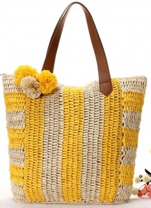 Women Summer Straw Beach Bag with pom-pom