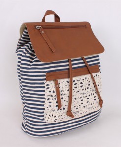 new black and white stripe classic pu leather zipper canvas backpack