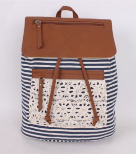 new black and white stripe classic pu leather zipper canvas backpack