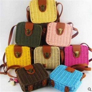 Ladies Lovely Candy Color Square Rattan Bag Women rivet Weave Straw Bags Shoulder & Crossbody Bags