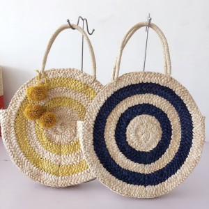 Color Blocking round straw woven bag beach bag women handbag raffia grass pompom corn husk bag