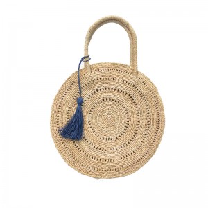 Big round handmade raffia straw bag with tassel